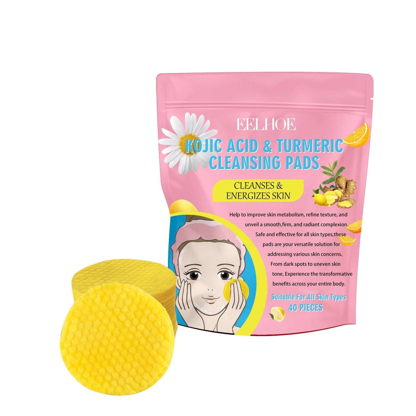 EELHOE Turmeric Kojic Acid Cleansing Pads Exfoliating Pads Facial Sponges For Cleansing Exfoliating Daily Cleansing Skin Care (40 PCS) - Miami beauty1