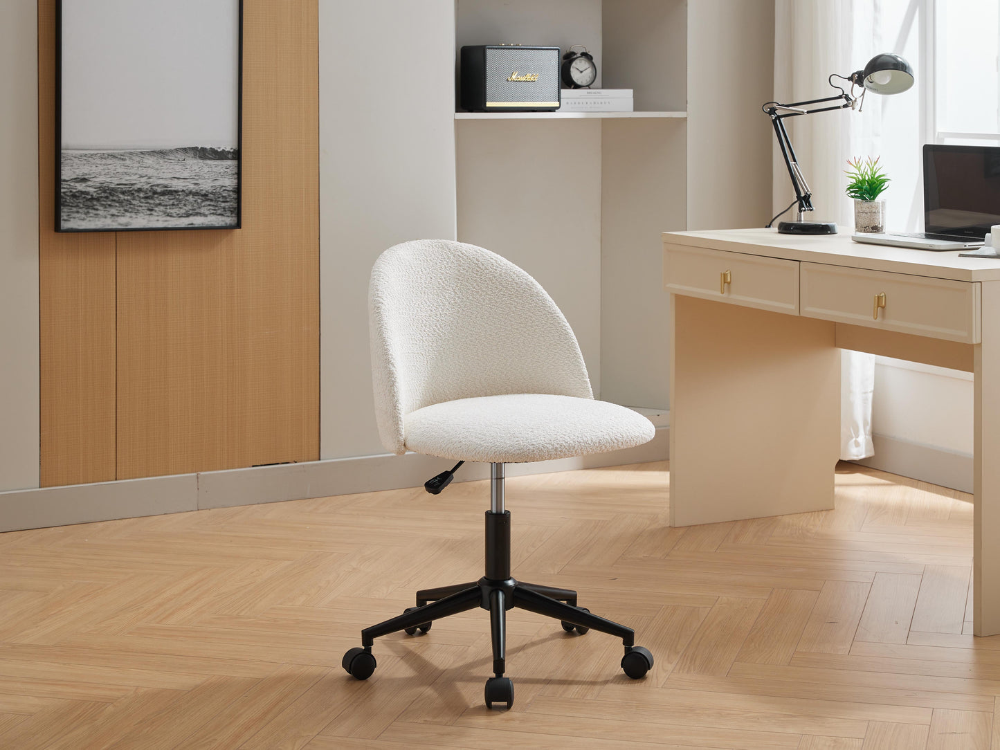 Velvet fabric office chair, mid back adjustable rotating computer chair, black legs, cushioned office chair with wheels ,White