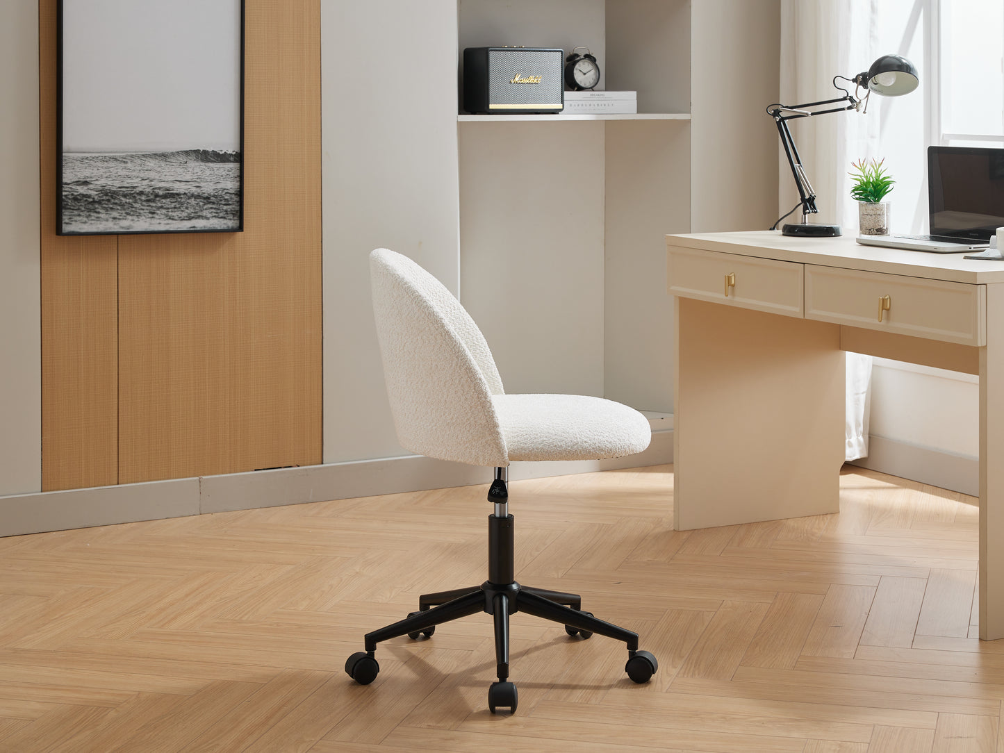 Velvet fabric office chair, mid back adjustable rotating computer chair, black legs, cushioned office chair with wheels ,White