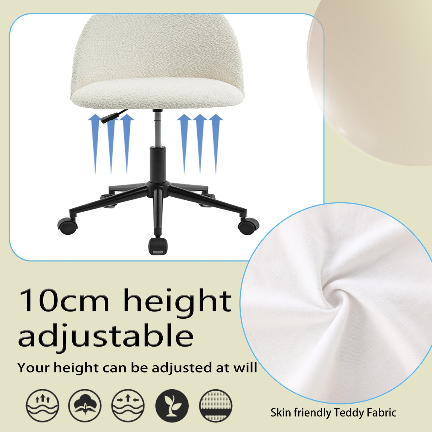 Velvet fabric office chair, mid back adjustable rotating computer chair, black legs, cushioned office chair with wheels