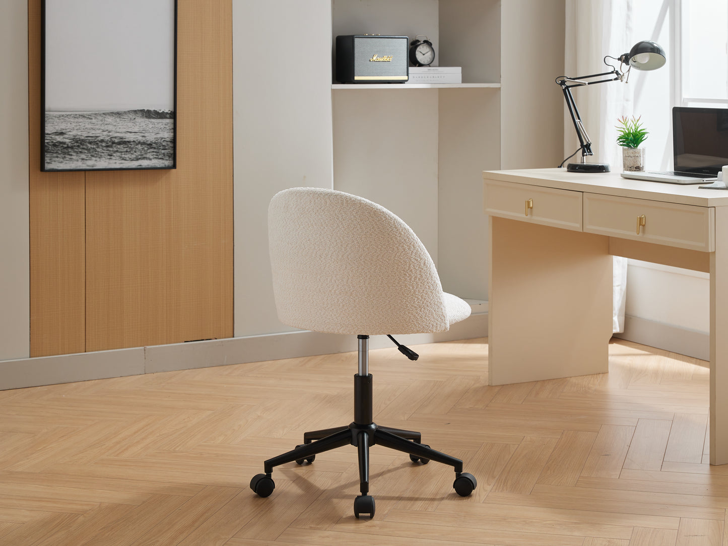 Velvet fabric office chair, mid back adjustable rotating computer chair, black legs, cushioned office chair with wheels ,White