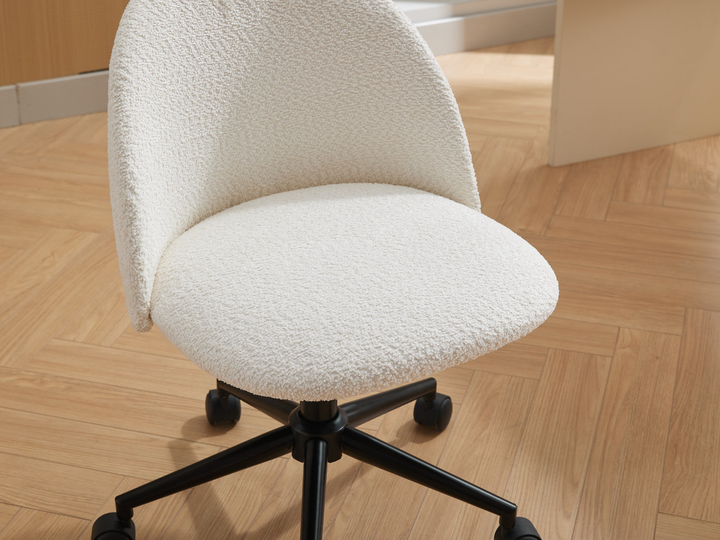 Velvet fabric office chair, mid back adjustable rotating computer chair, black legs, cushioned office chair with wheels ,White