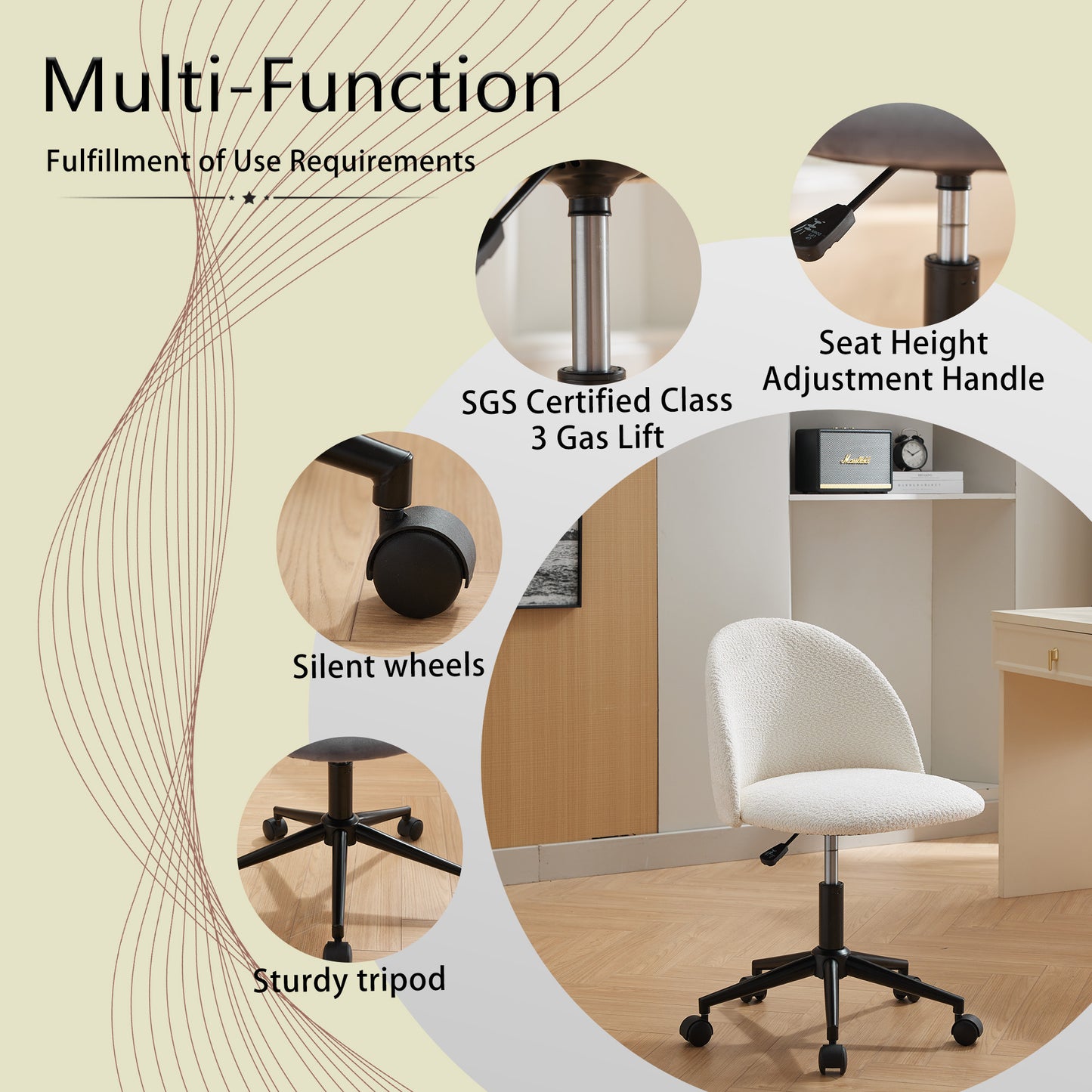 Velvet fabric office chair, mid back adjustable rotating computer chair, black legs, cushioned office chair with wheels ,White
