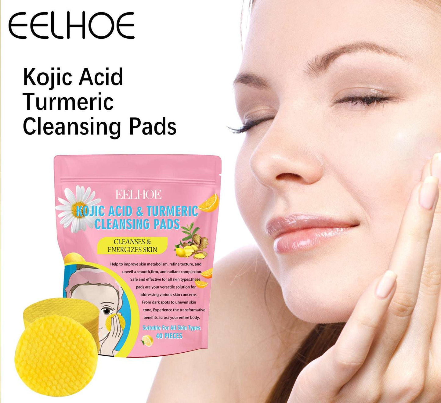 EELHOE Turmeric Kojic Acid Cleansing Pads Exfoliating Pads Facial Sponges For Cleansing Exfoliating Daily Cleansing Skin Care (40 PCS) - Miami beauty1