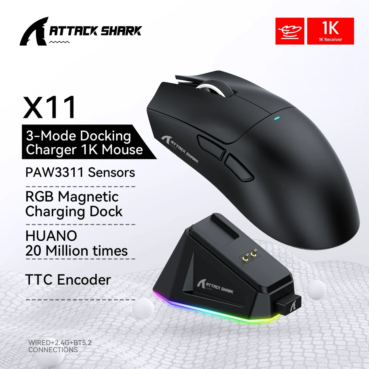 Tri-Mode Connection 2.4GHz/Wired/Bluetooth PAW3311 22000DPI 400IPS RGB PC Gaming Mouse