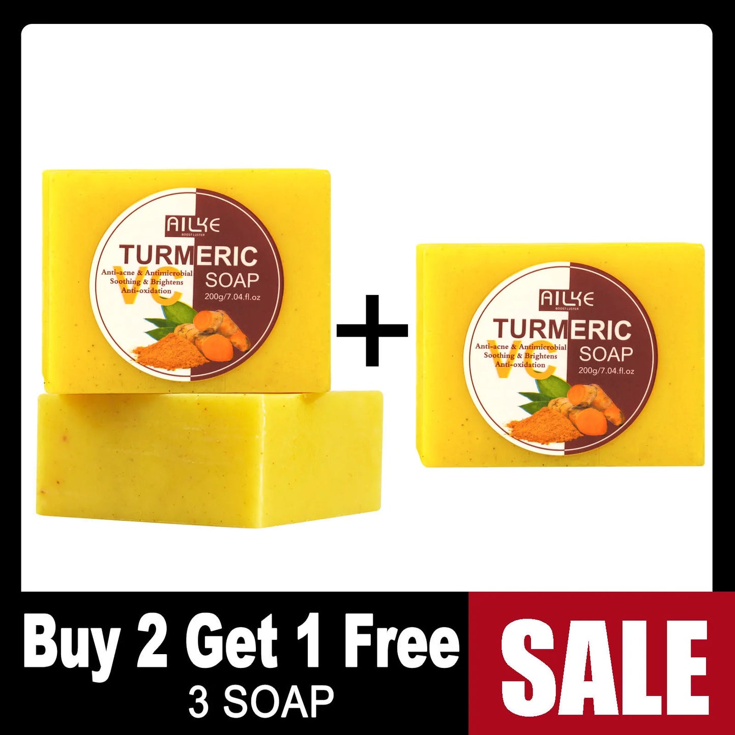 AILKE Natural Turmeric Soap for Face & Body, Lighten, Clean Stains, Brighten Skin Tone, Reduce Acne, Age Spot, Black Spot