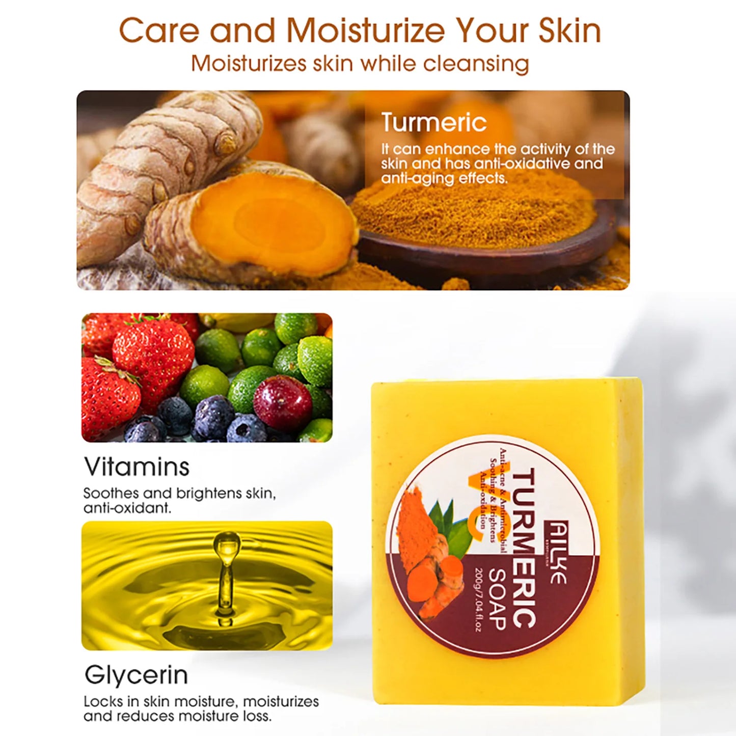 AILKE Natural Turmeric Soap for Face & Body, Lighten, Clean Stains, Brighten Skin Tone, Reduce Acne, Age Spot, Black Spot
