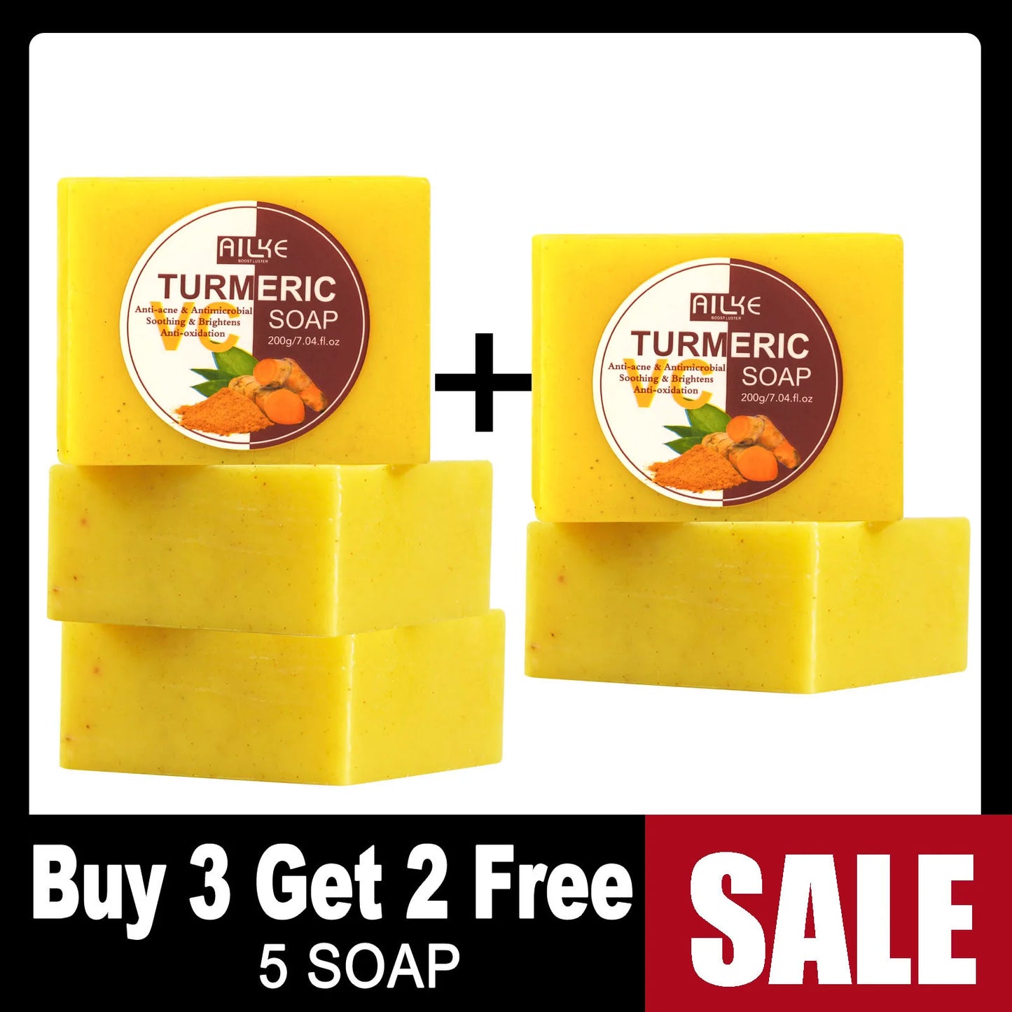 AILKE Natural Turmeric Soap for Face & Body, Lighten, Clean Stains, Brighten Skin Tone, Reduce Acne, Age Spot, Black Spot