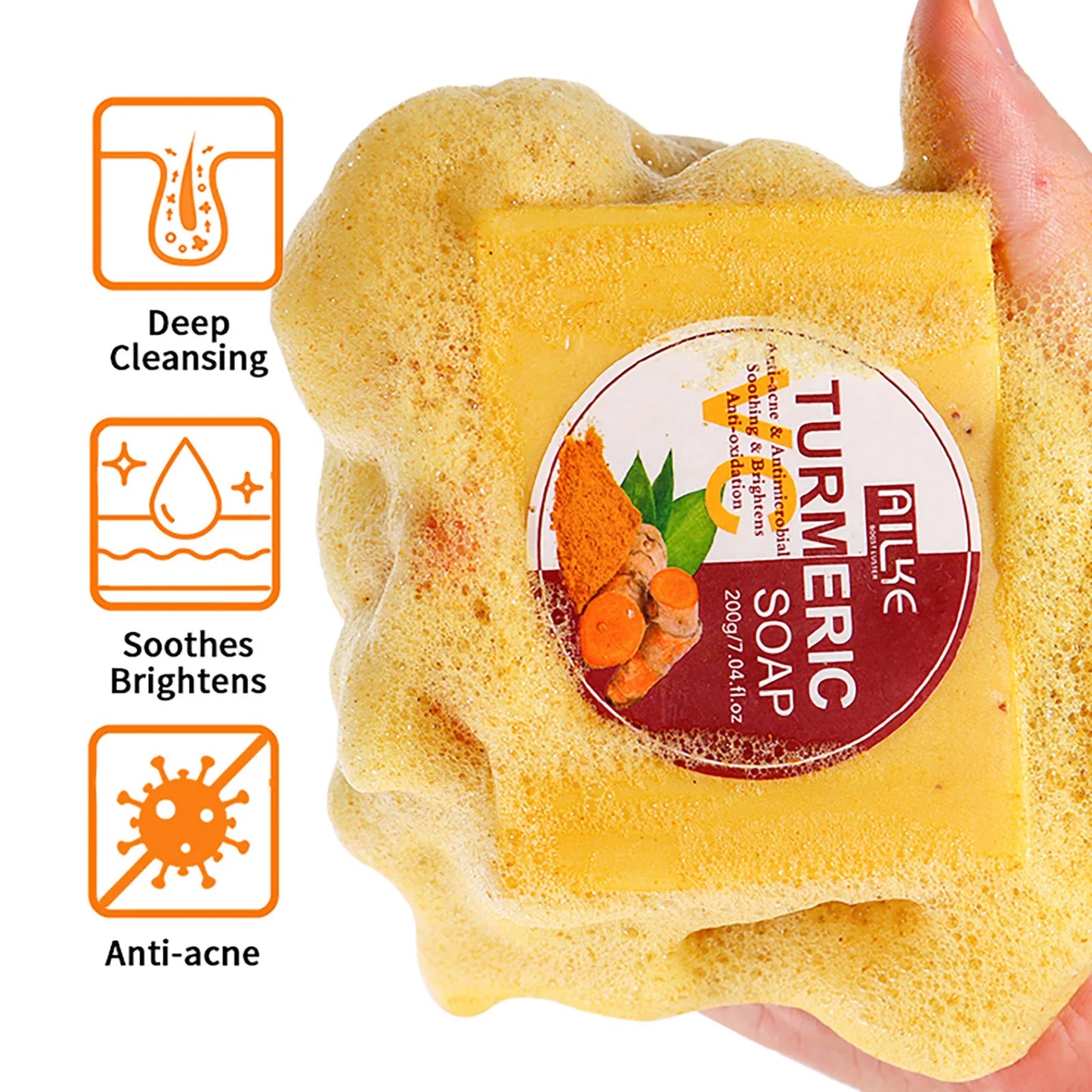 AILKE Natural Turmeric Soap for Face & Body, Lighten, Clean Stains, Brighten Skin Tone, Reduce Acne, Age Spot, Black Spot