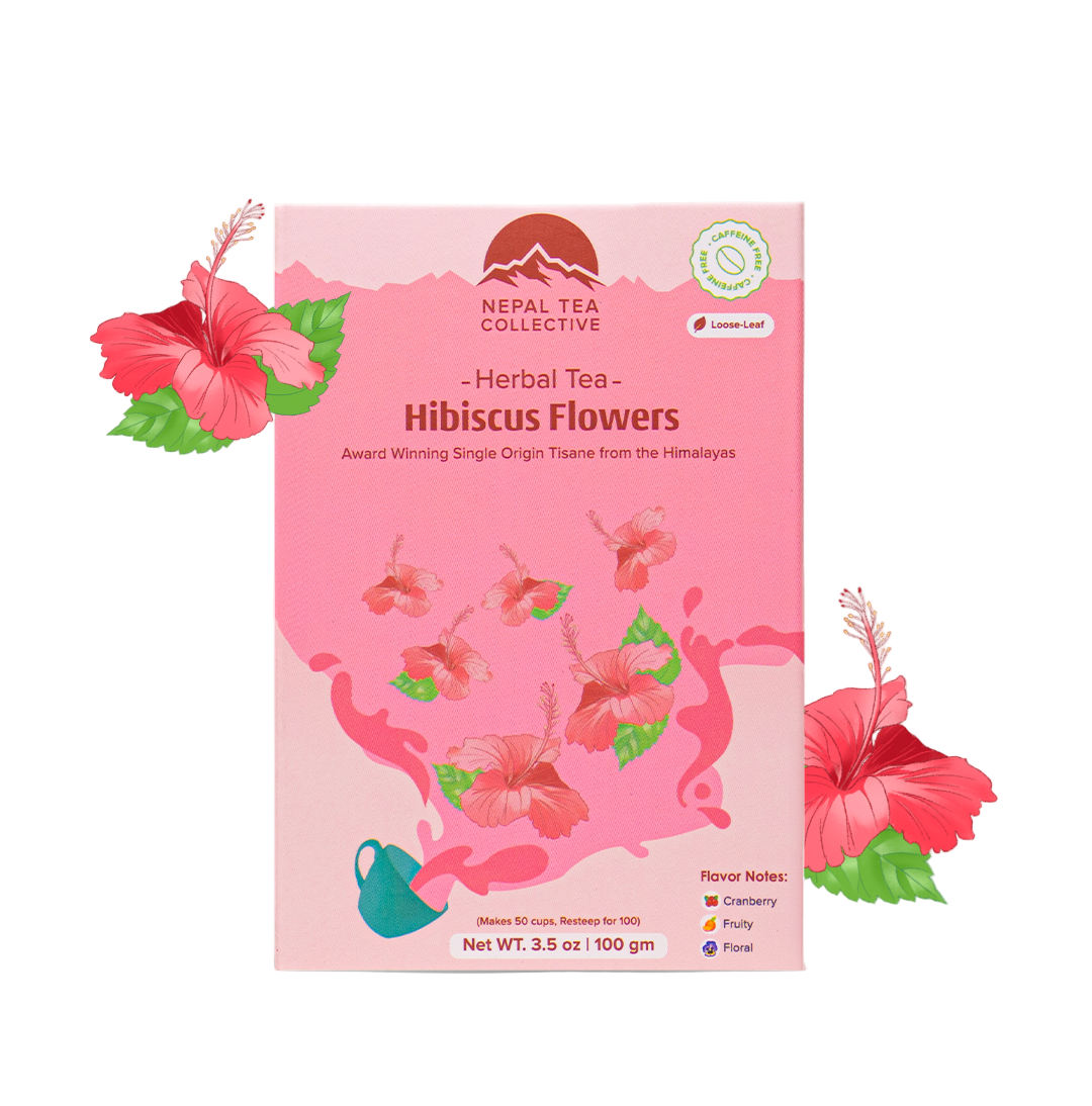 Nepal Tea Collective Hibiscus Flowers tea package with floral design on a white background