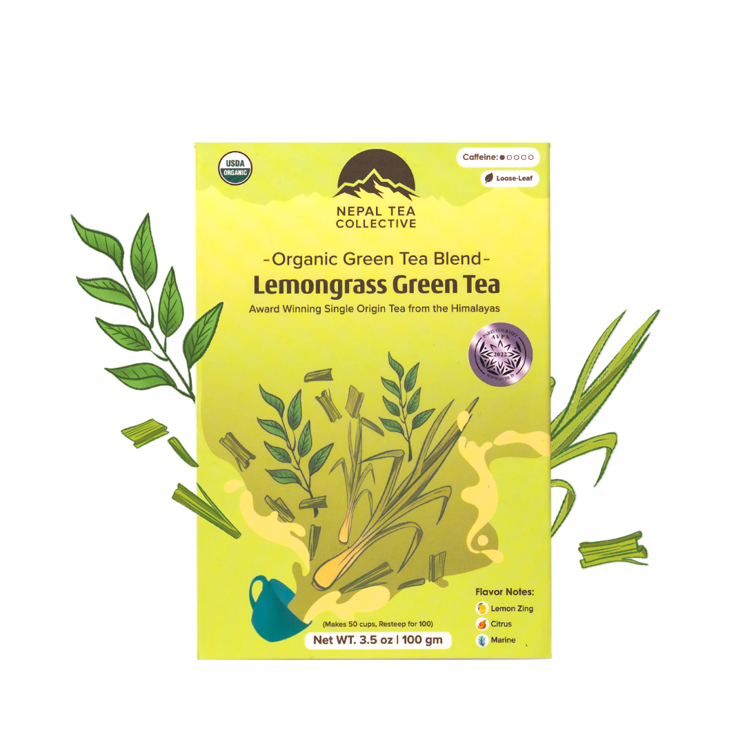 Nepal Tea Collective Lemongrass Green Tea package with USDA Organic label on a white background