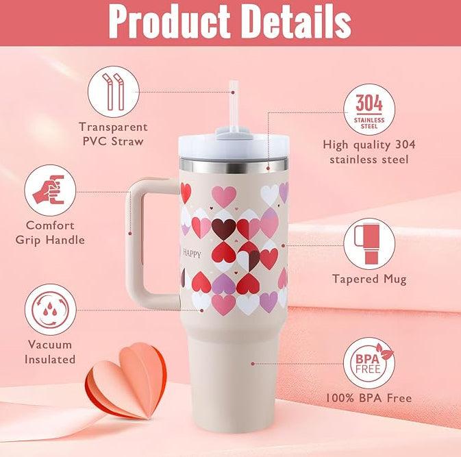 Ochapa 40 Oz Tumbler With Handle Straw Insulated, Stainless Steel Spill Proof Vacuum Coffee Cup Tumbler With Lid Tapered Mug Gifts For Valentine Lover Suitable For Car Gym Office Travel - Miami beauty1