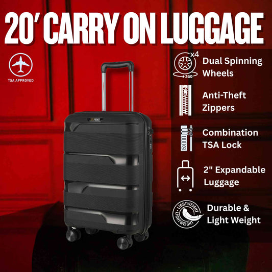 20-inch Black Carry-On Hardcase Roller Luggage with 360° Wheels
