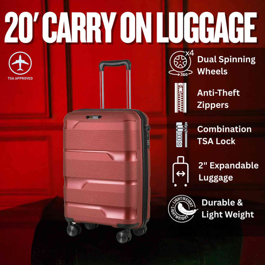 20-inch Red Carry-On Hardcase Roller Luggage with 360° Wheels