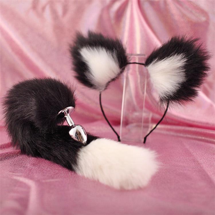 40cm black tailed white pointed bicolor fun plush hair clip with ear role-playing metal anal plug expansion - Miami beauty1