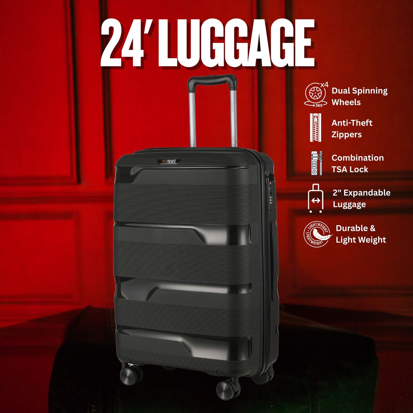 24-inch Black Hardcase Roller Luggage with 360° Wheels & TSA Lock