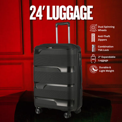 24-inch Black Hardcase Roller Luggage with 360° Wheels & TSA Lock