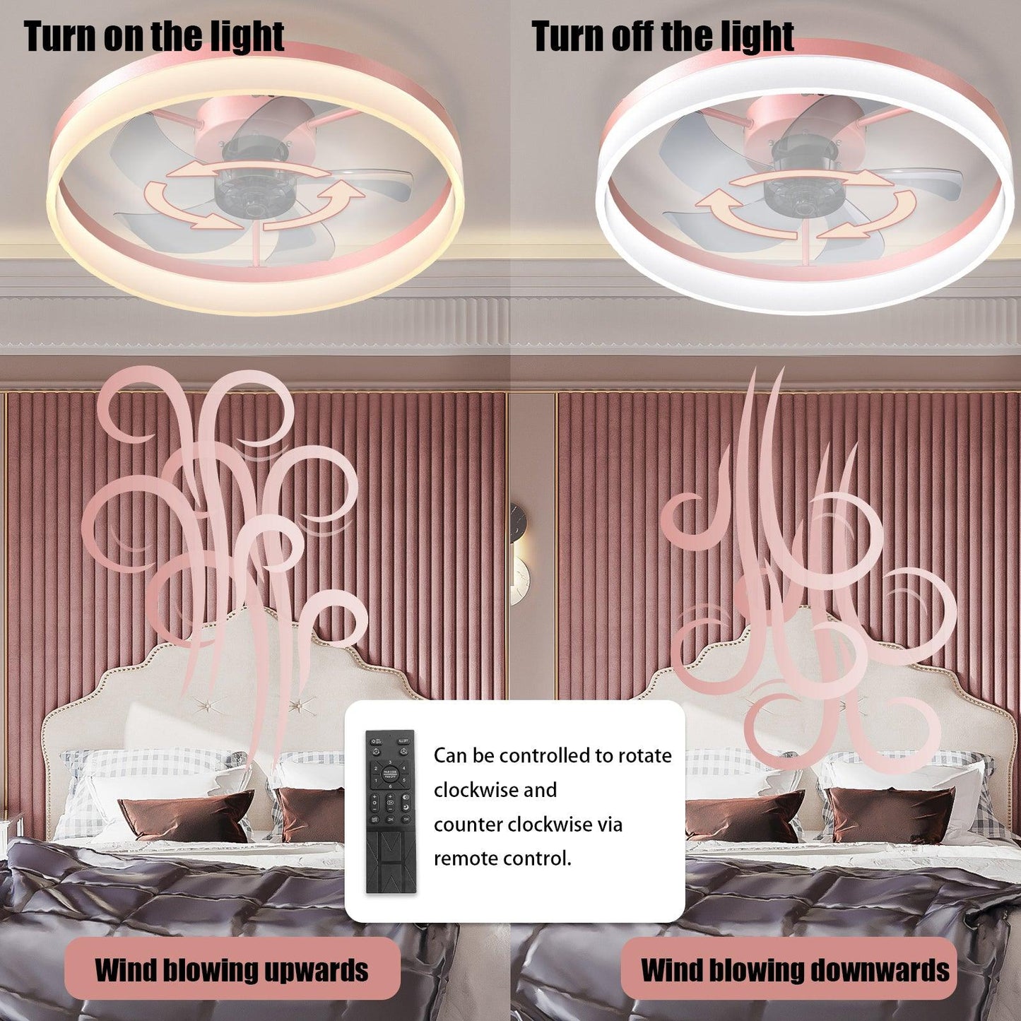 Ceiling Fans with Lights Dimmable LED Embedded installation of thin modern ceiling fans(Pink) - Miami beauty1