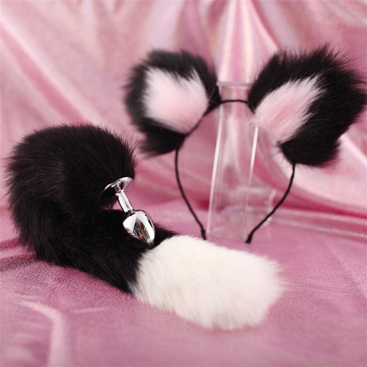 40cm black tailed white pointed bicolor fun plush hair clip with ear role-playing metal anal plug expansion - Miami beauty1