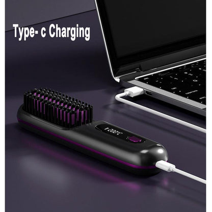 2 In 1 Straight Hair Comb Wireless Hair Straightener Brush Hair Fast Heating Portable Hot Curler USB Charging - Miami beauty1