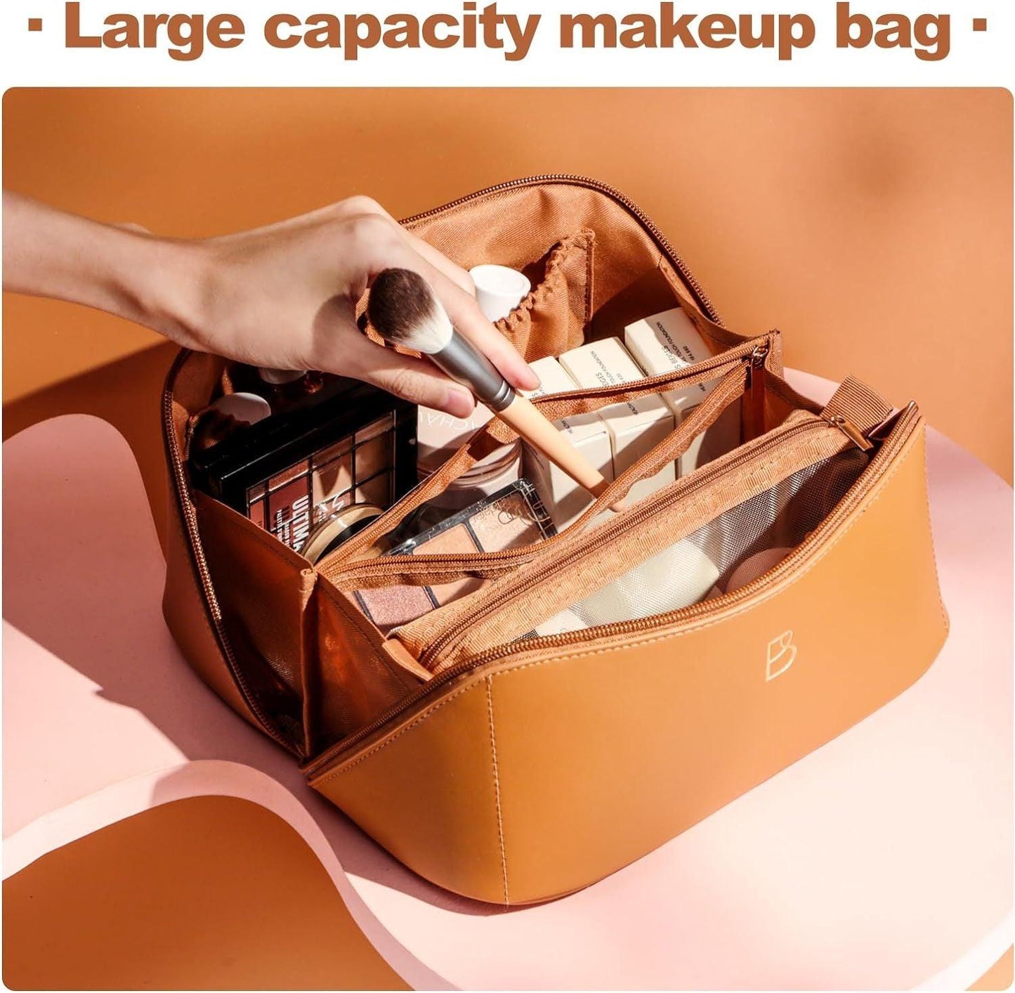 Travel Makeup Bag Portable Large Capacity Toiletry Bag Perfect For Organizing Travel Size Toiletries, Flat Opening For Easy Access With 1 Makeup Brush & Zipper Bag