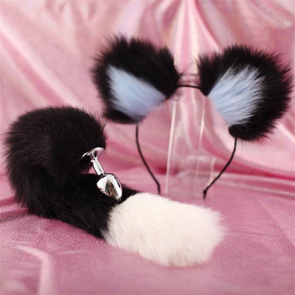 40cm black tailed white pointed bicolor fun plush hair clip with ear role-playing metal anal plug expansion - Miami beauty1