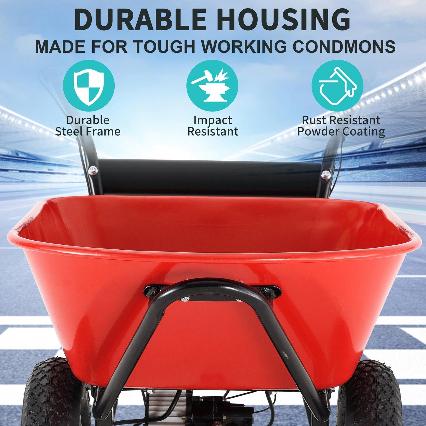 Red Rock Wheelbarrow Utility Cart Electric Powered AGM Battery 330lbs (150kgs) Max Capacity Barrel Dump Material Debris Hauler - Miami beauty1