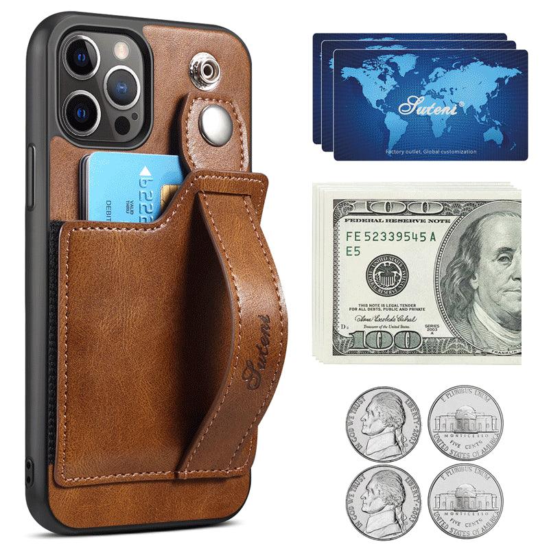 For iPhone 14ProMax Mobile Phone Case Apple iPhone 14Pro Plug-In Card Leather Case Wrist With Back Cover Type Protective Case - Miami beauty1