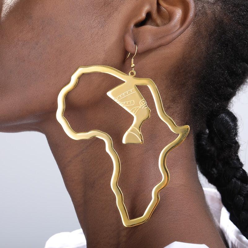 Gold Stainless Steel Egyptian Queen Set Hollow Portrait Design Earrings African Ethnic Jewelry - Miami beauty1