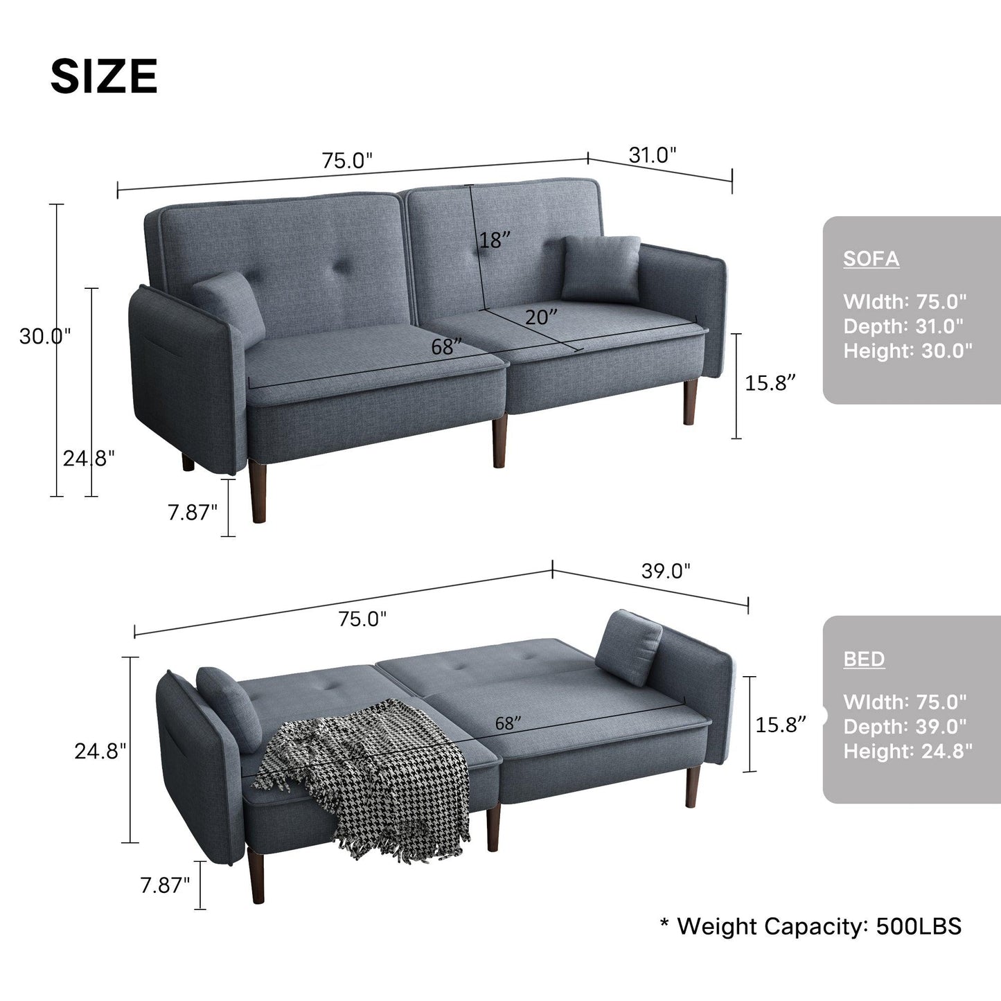 Futon Sofa bed with Solid Wood Leg in Grey Fabric - Miami beauty1