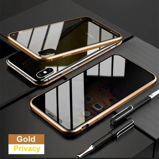 Magnetic Tempered Glass Privacy Metal Case For iphone 15 14 13 12 11 Pro MAX 360 Magnet Antispy Protective Cover - Miami beauty1