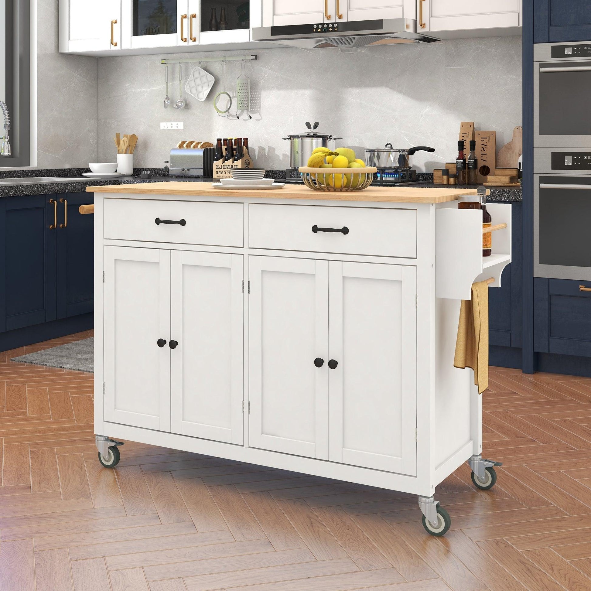 Kitchen Island Cart with Solid Wood Top and Locking Wheels 54.3 Inch Width (White) - Miami beauty1