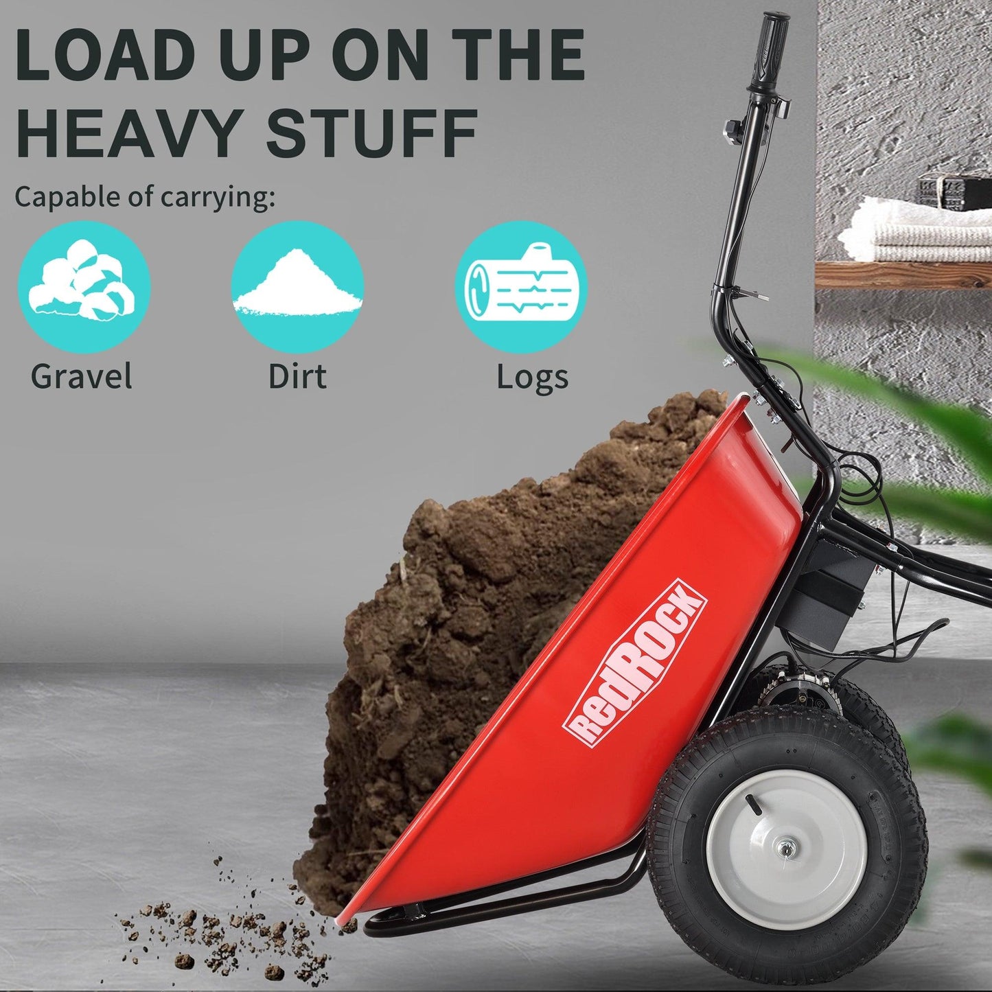 Red Rock Wheelbarrow Utility Cart Electric Powered AGM Battery 330lbs (150kgs) Max Capacity Barrel Dump Material Debris Hauler - Miami beauty1