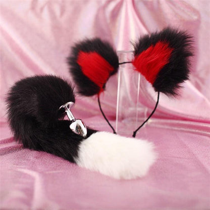 40cm black tailed white pointed bicolor fun plush hair clip with ear role-playing metal anal plug expansion - Miami beauty1