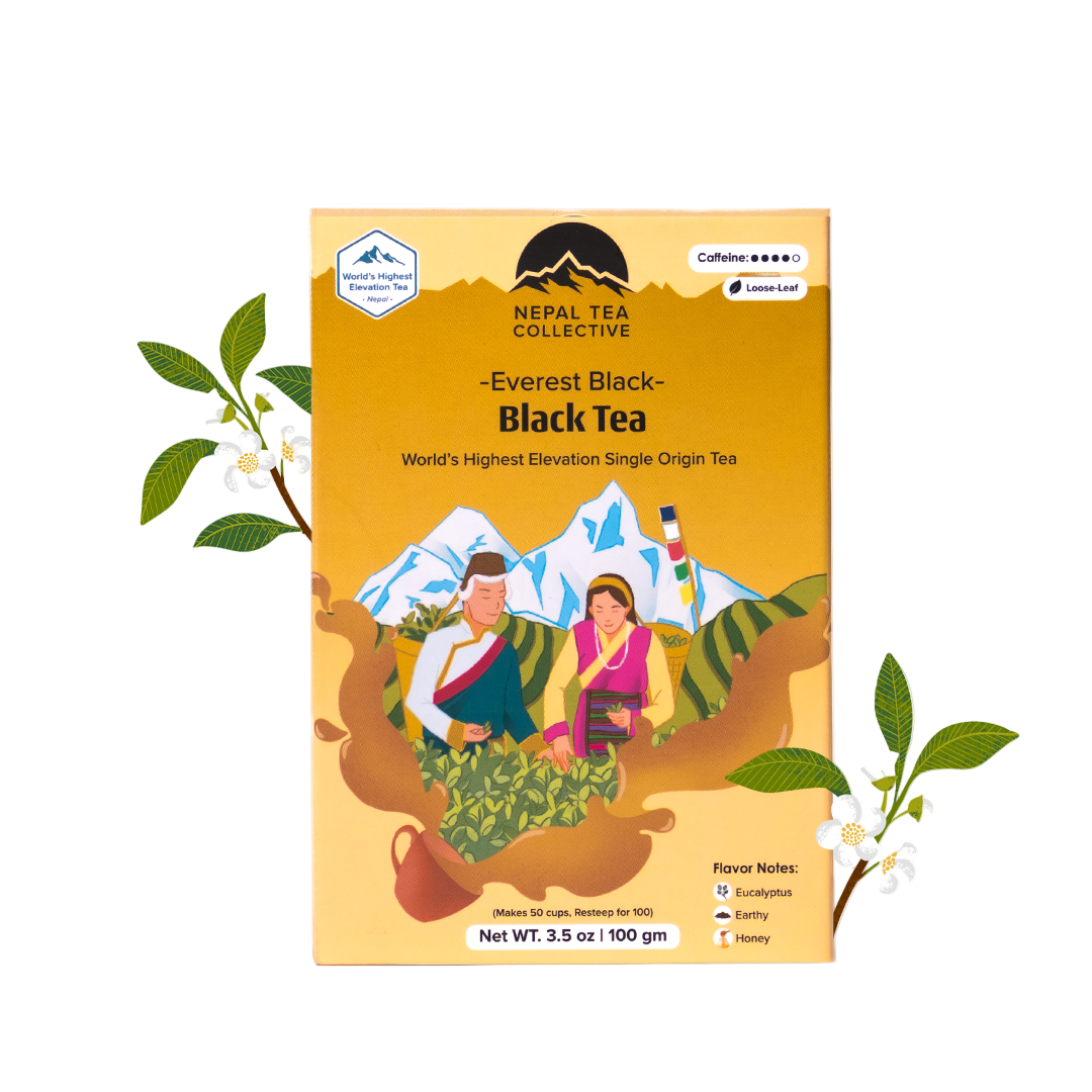 Nepal Tea Collective Everest Black Black Tea packaging with mountain and tea illustration on a white background