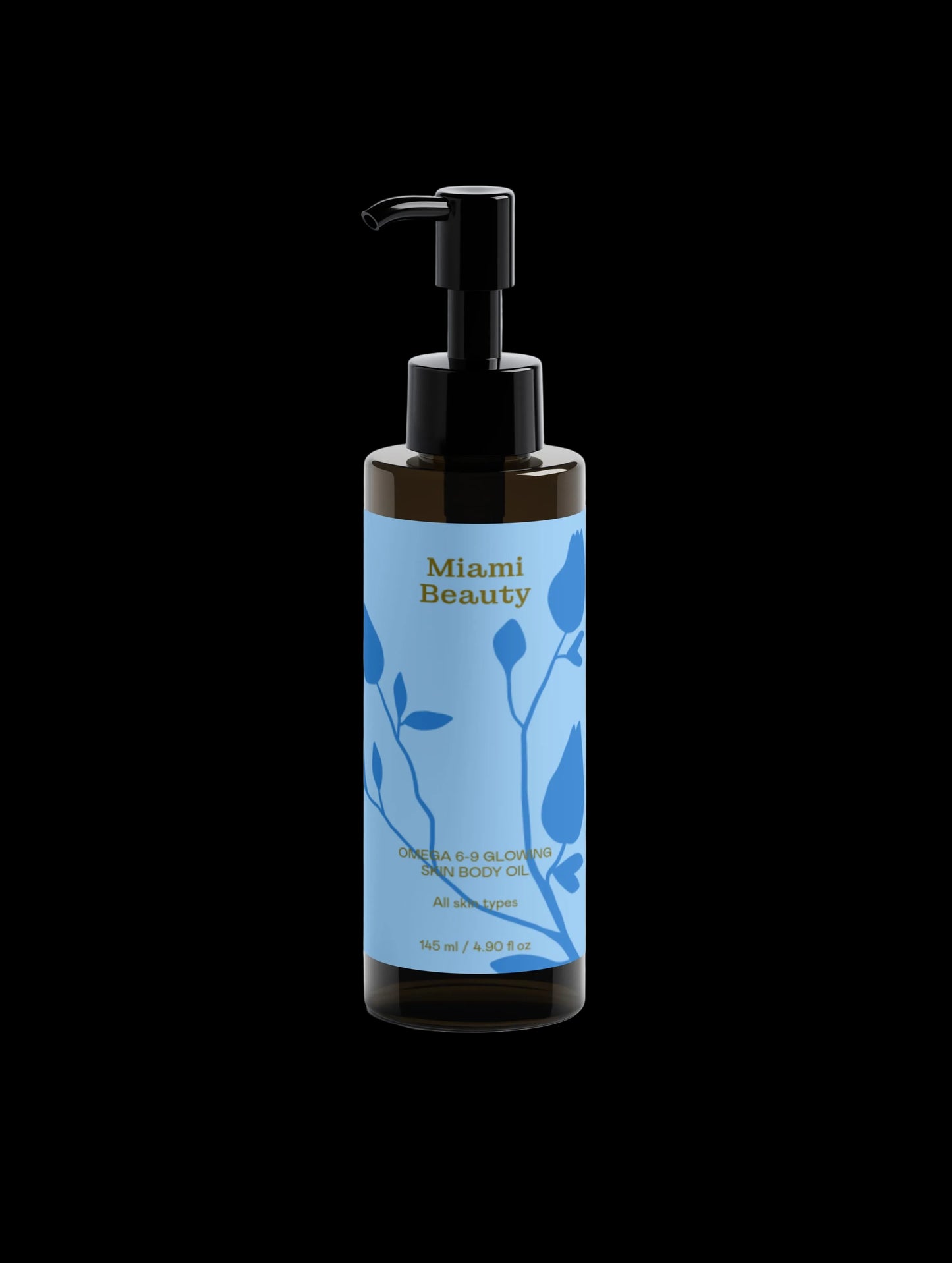 Bottle with pump and blue label on a white background