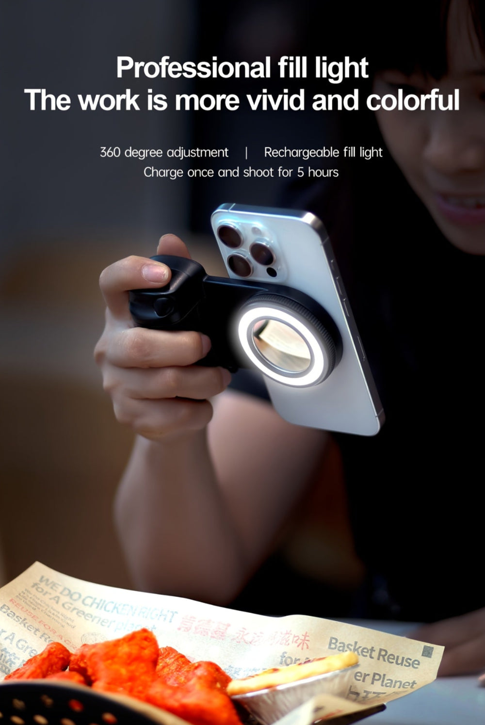 Magnetic Wireless phone Shutter Grip with Light Ring and Selfie Mirror