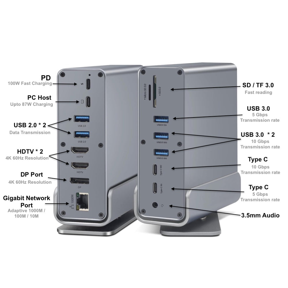15 in 1 Type C Docking Stand Station Hub Supports Multiple Monitors