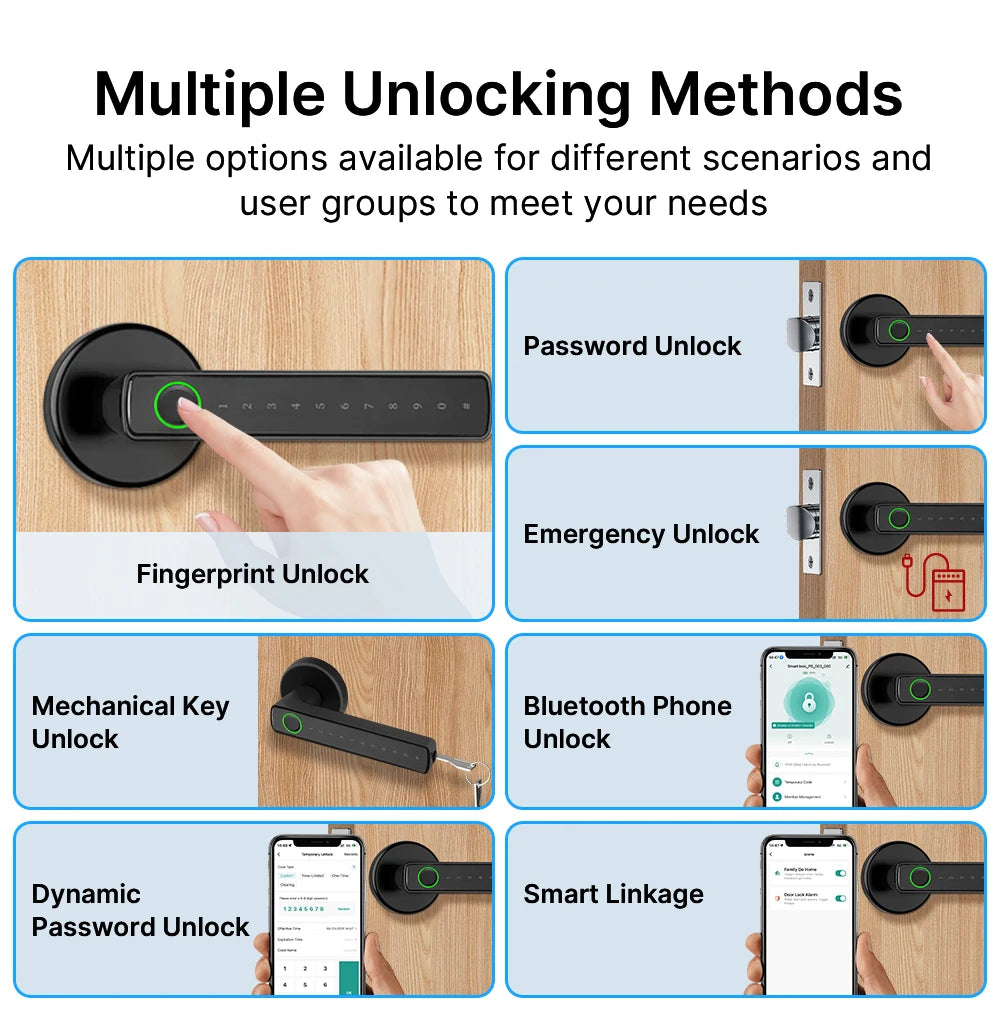 VBU Tuya Smart BLE Fingerprint Door Lock Digital Electronic Lock with Password/Key/Smart Life/ Tuya APP Unlock