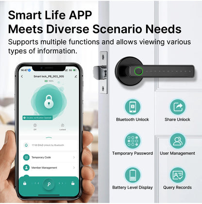 VBU Tuya Smart BLE Fingerprint Door Lock Digital Electronic Lock with Password/Key/Smart Life/ Tuya APP Unlock