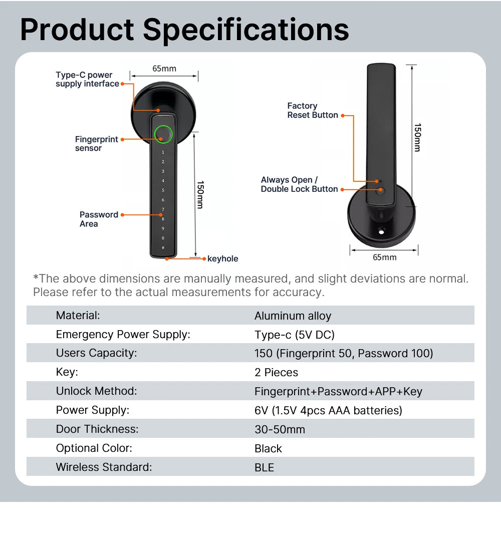 VBU Tuya Smart BLE Fingerprint Door Lock Digital Electronic Lock with Password/Key/Smart Life/ Tuya APP Unlock