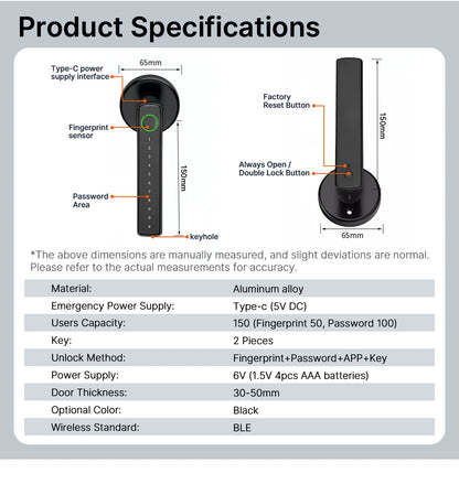 VBU Tuya Smart BLE Fingerprint Door Lock Digital Electronic Lock with Password/Key/Smart Life/ Tuya APP Unlock