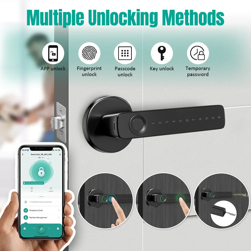 VBU Tuya Smart BLE Fingerprint Door Lock Digital Electronic Lock with Password/Key/Smart Life/ Tuya APP Unlock