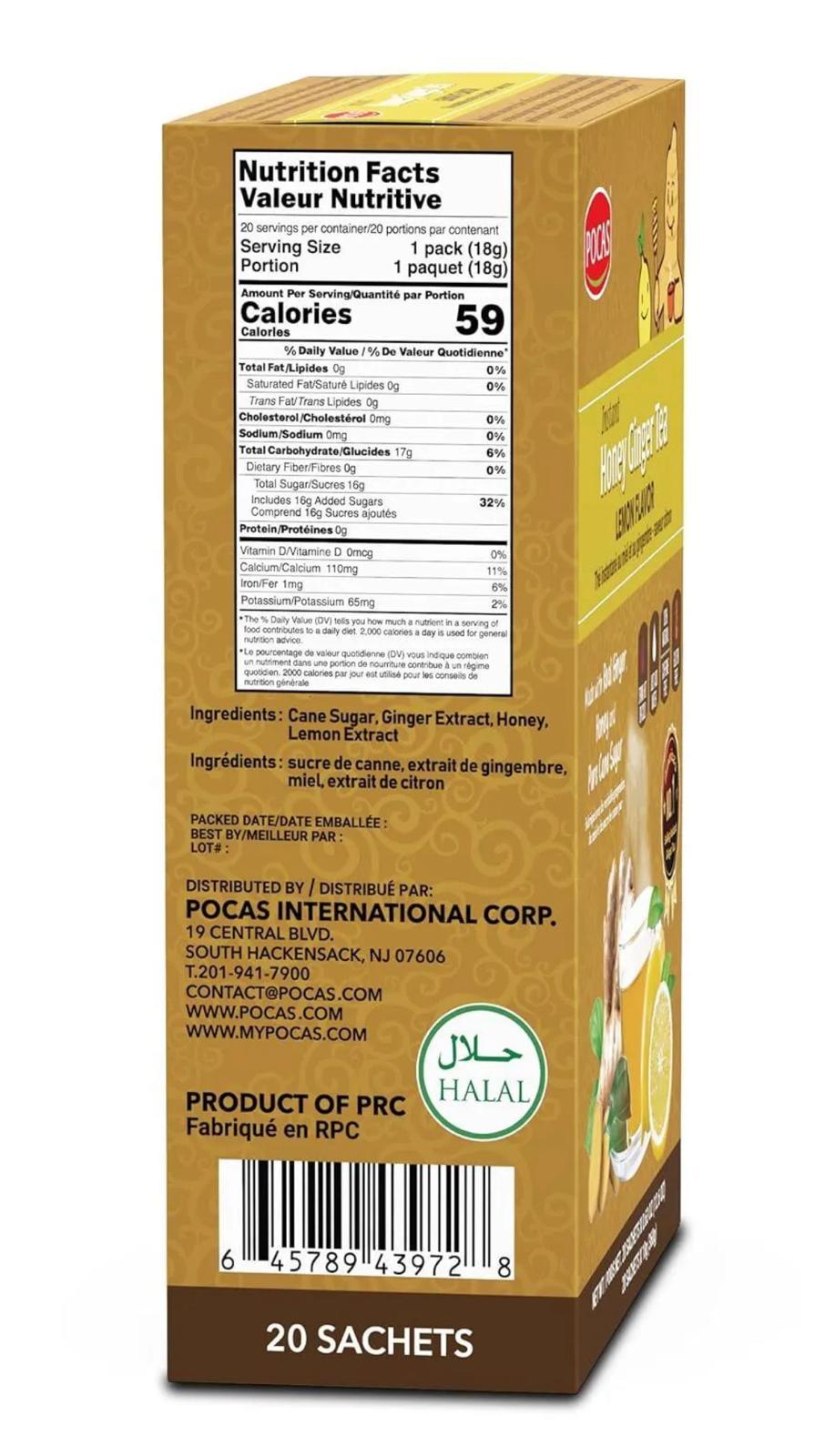 Pocas Ginseng flavor Instant Lemon Honey Ginger Tea -20sachets - Gluten Free - No Caffeine ✅ - Miami beauty1