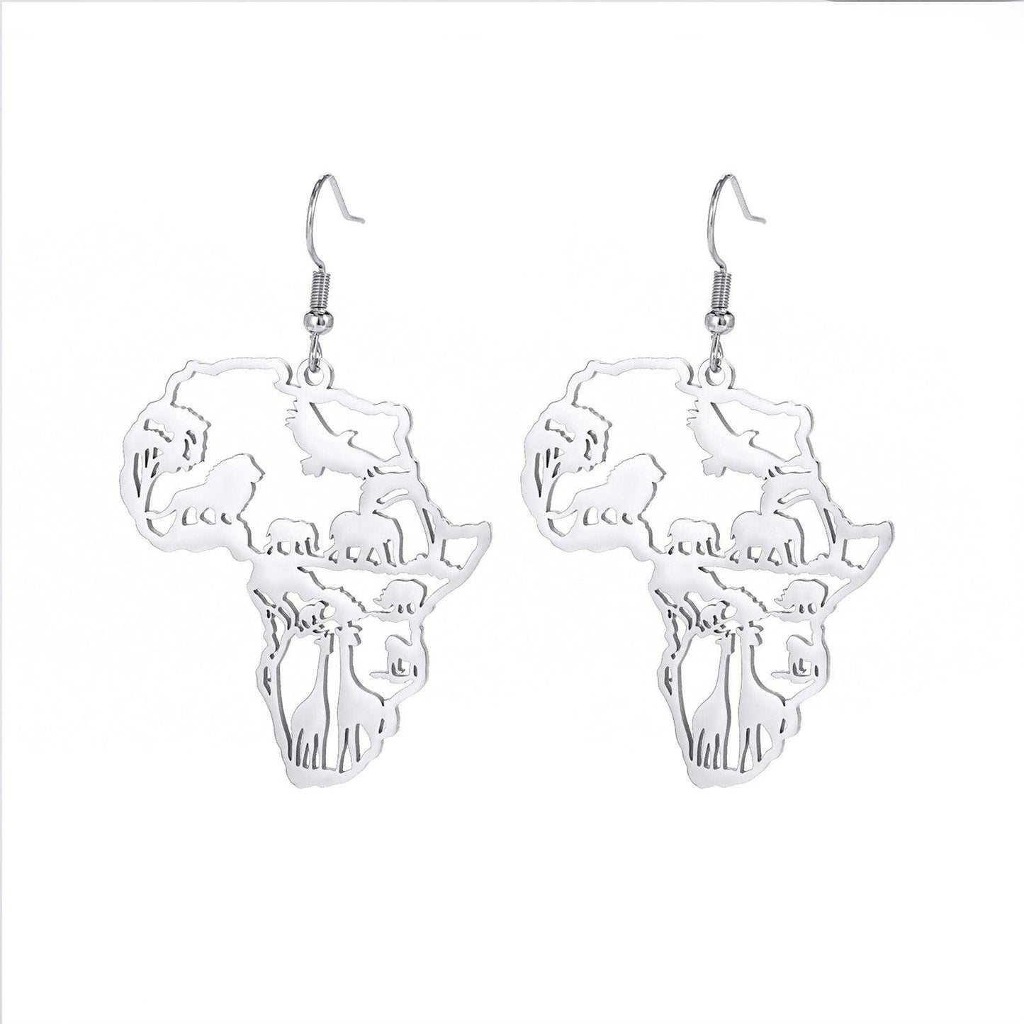 African Map Women's Pendant Earrings Animal Elephant Giraffe Tassel Earrings Stainless Steel - Miami beauty1