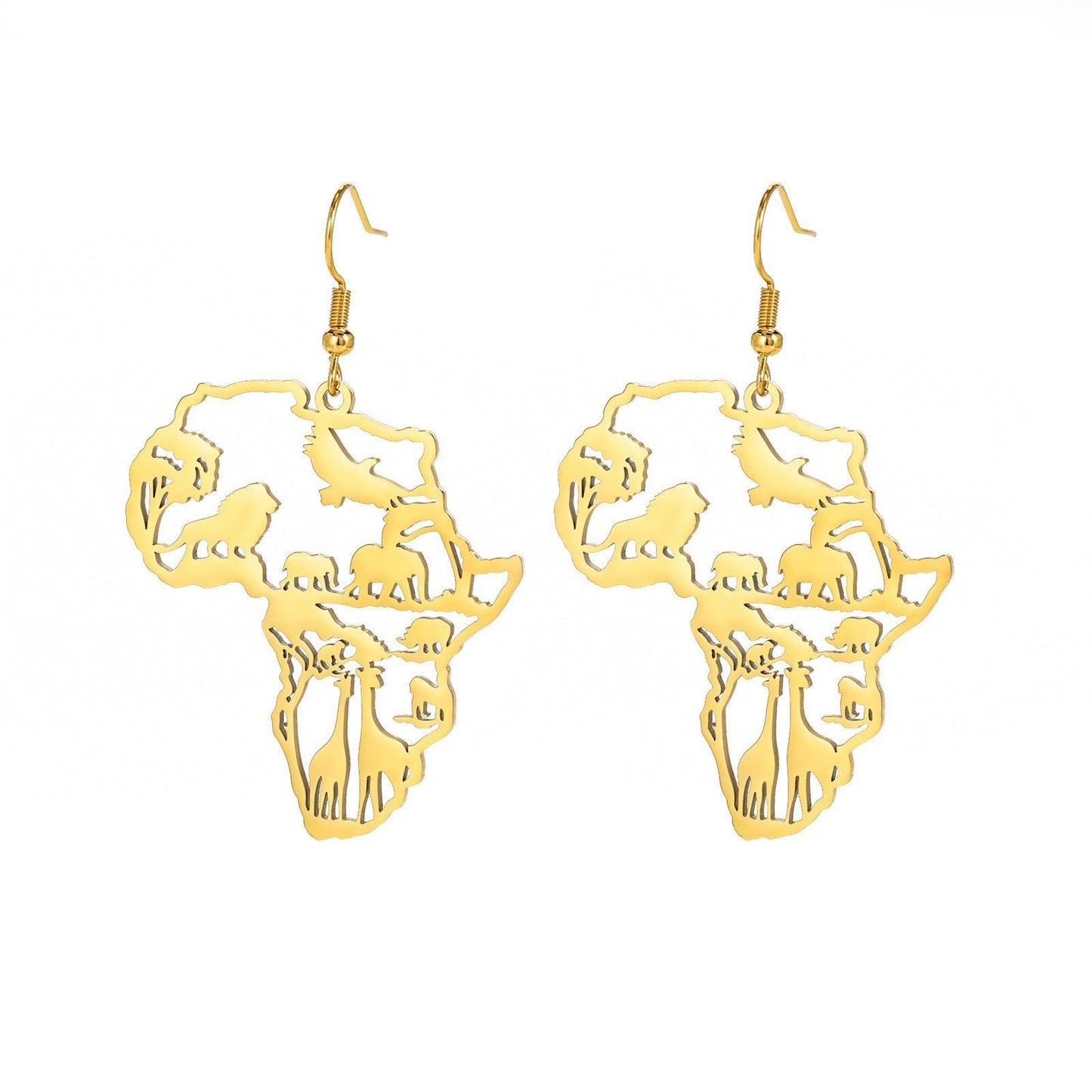 African Map Women's Pendant Earrings Animal Elephant Giraffe Tassel Earrings Stainless Steel - Miami beauty1