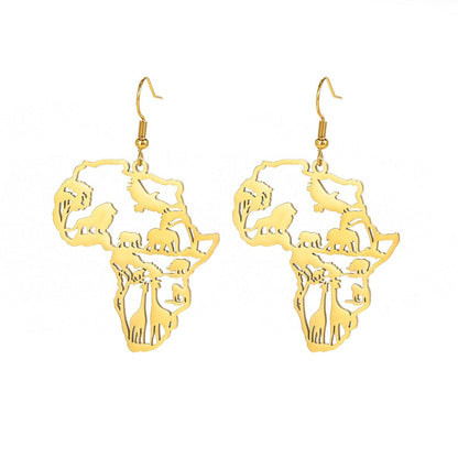 African Map Women's Pendant Earrings Animal Elephant Giraffe Tassel Earrings Stainless Steel - Miami beauty1