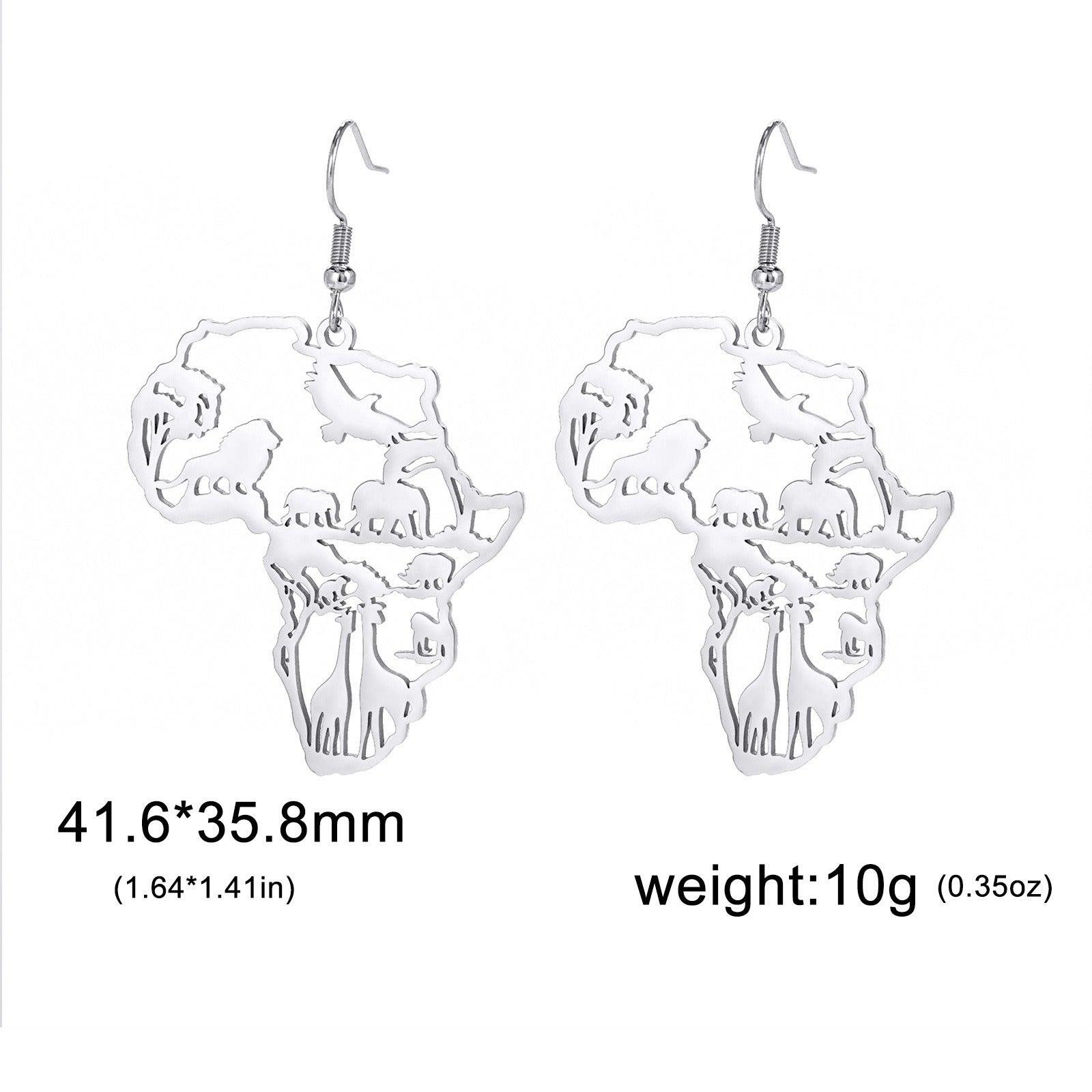 African Map Women's Pendant Earrings Animal Elephant Giraffe Tassel Earrings Stainless Steel - Miami beauty1