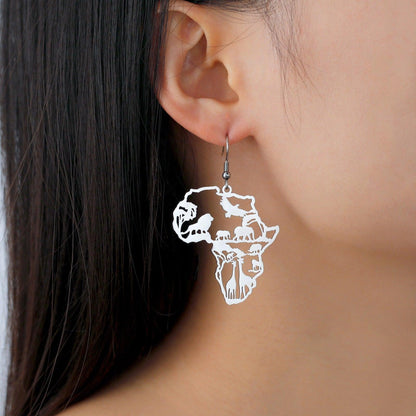 African Map Women's Pendant Earrings Animal Elephant Giraffe Tassel Earrings Stainless Steel - Miami beauty1