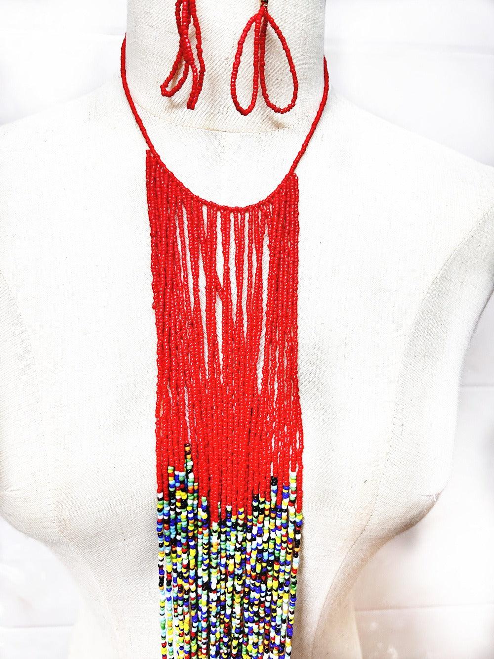 African Style Colorful Bead Necklace Set Long Tassel Sweater Chain - Miami beauty1